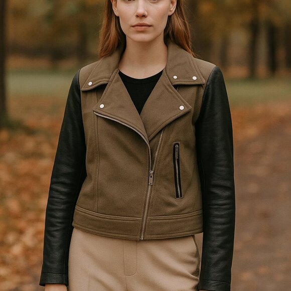 Mackage Minella Leather Biker Moto Jacket Olive Green Black Sz M - Picture 1 of 10